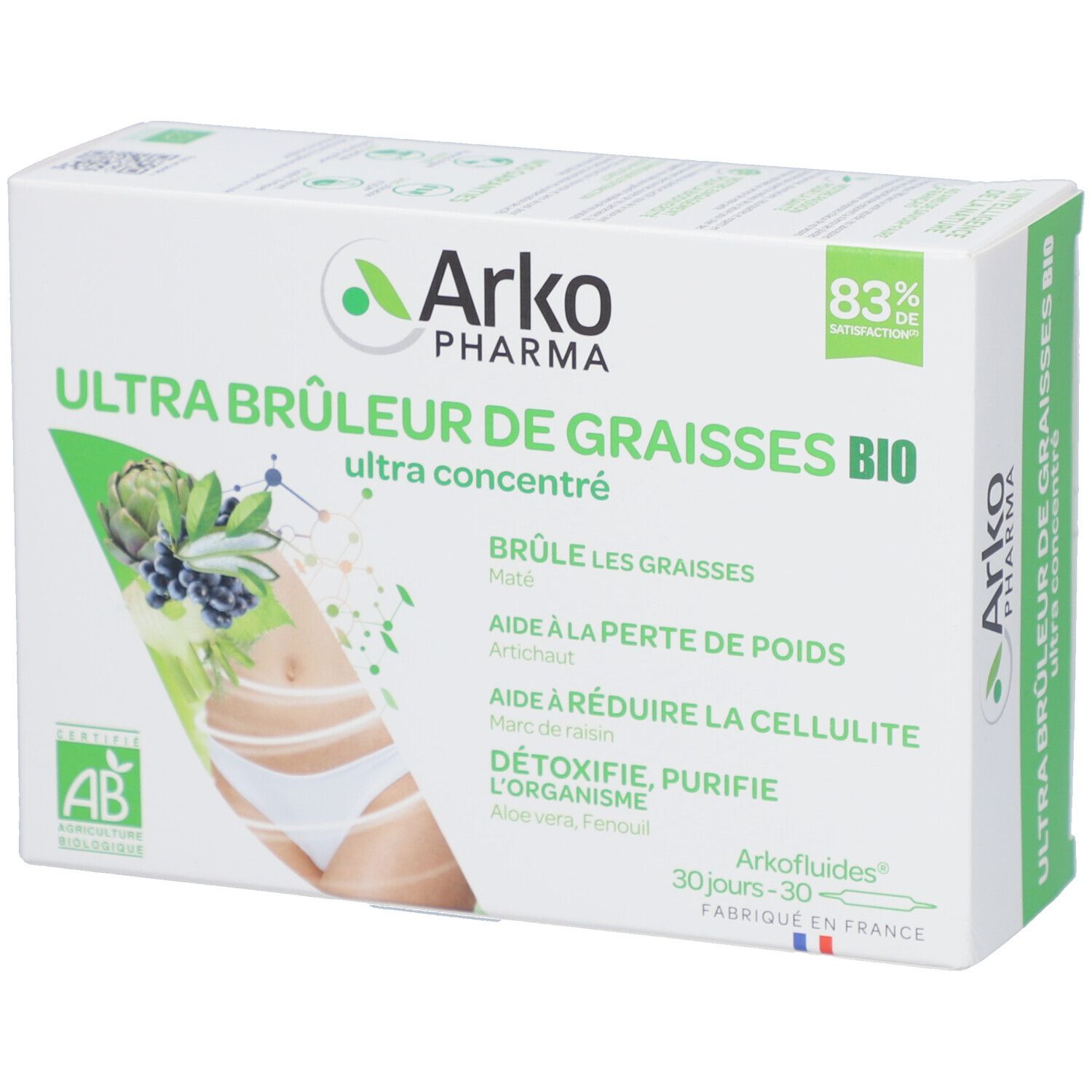 Boîte "Ultra Brûleur de graisses BIO" Arkopharma. Certification AB. 83% de satisfaction.