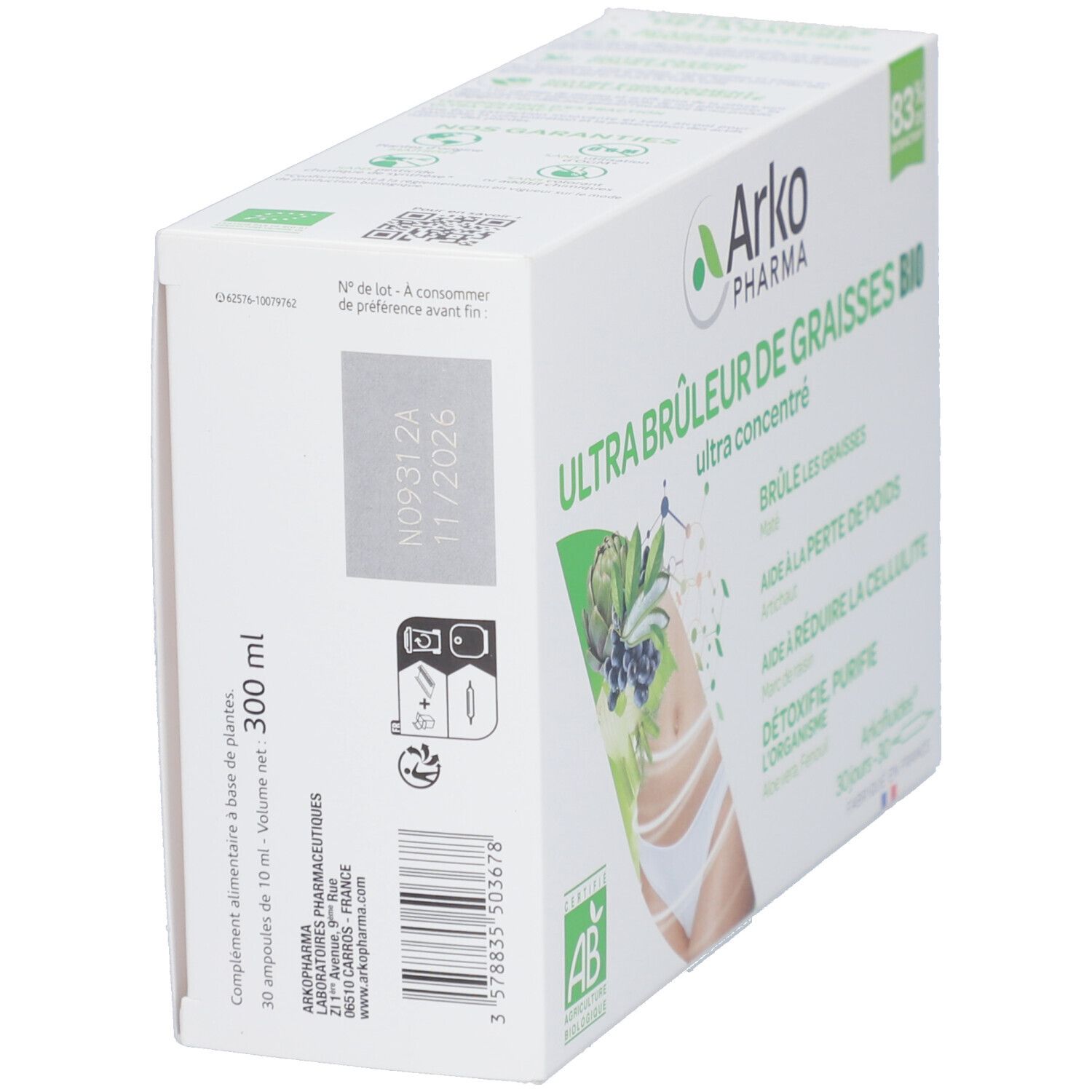 Dos de la boîte. "Ultra Brûleur de graisses BIO". 30 ampoules. Certification AB.