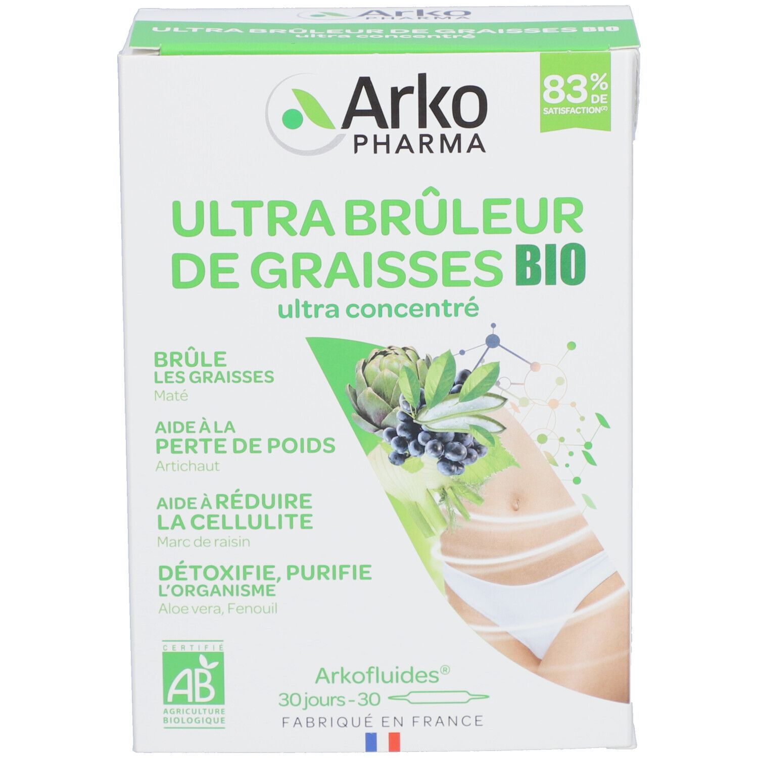 Boîte "Ultra Brûleur de graisses BIO" Arkopharma. Certification AB. 83% de satisfaction.