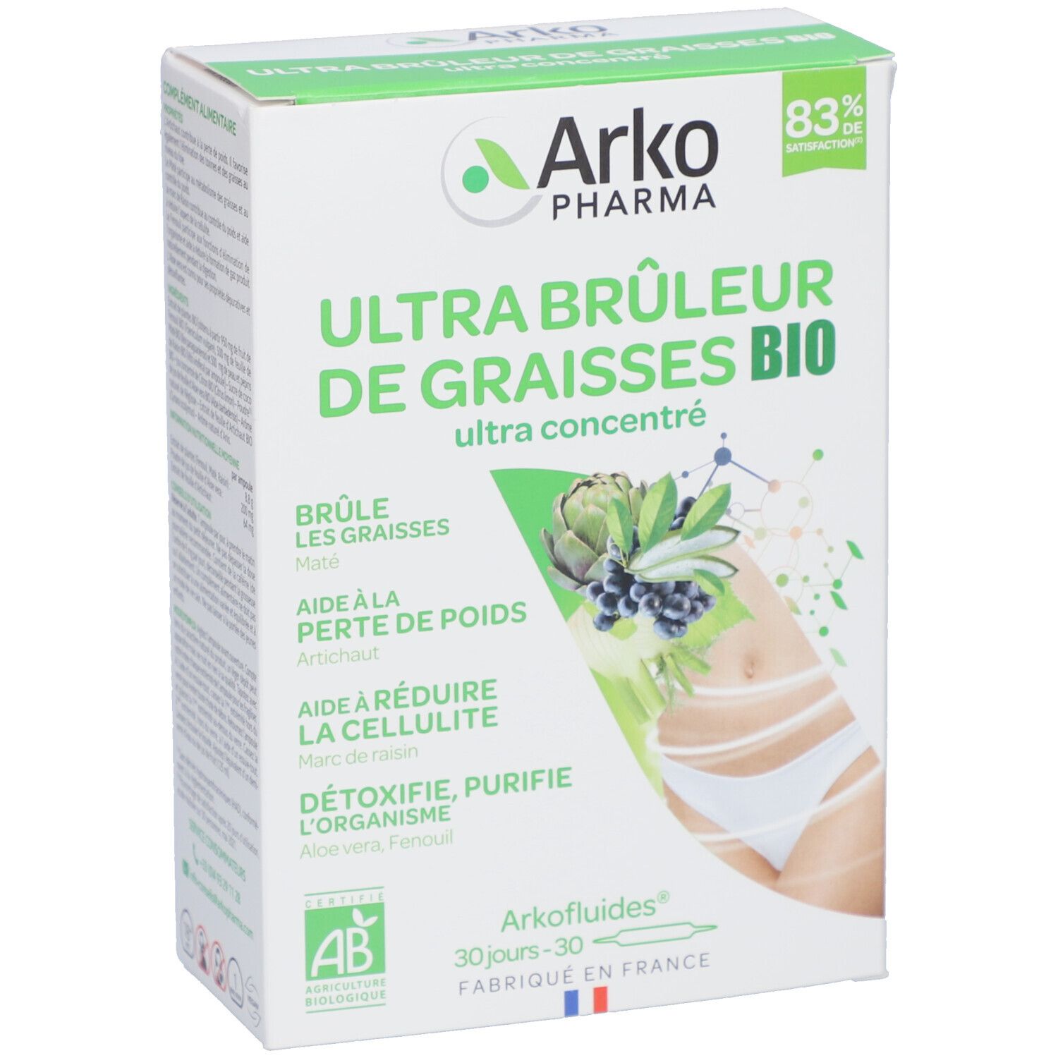 Boîte "Ultra Brûleur de graisses BIO" Arkopharma. Certification AB. 83% de satisfaction.