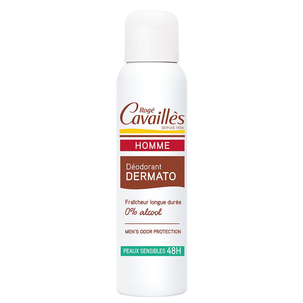 Déodorant homme. Récipient blanc avec inscriptions rouges et marron. 0% alcool. Protection 48H pour peaux sensibles.