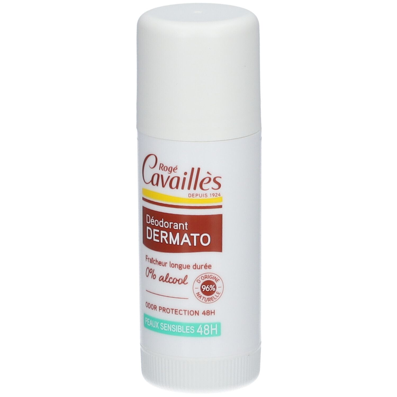 Stick de déodorant blanc. Inscriptions : Rogé Cavaillès, Déodorant Dermato, 0% alcool, protection 48h. 96% ingrédients naturels.