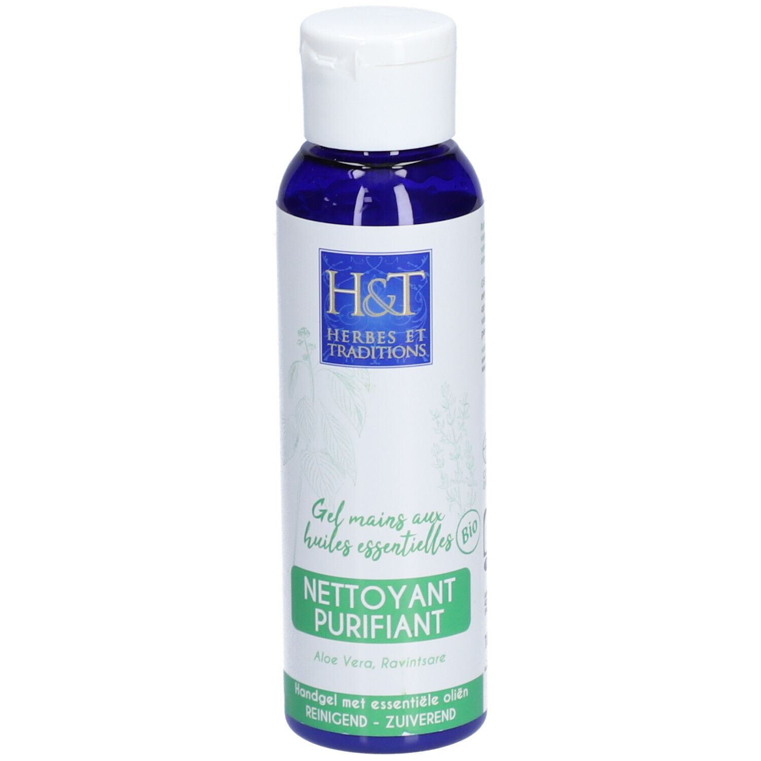 Flacon bleu avec bouchon blanc. Inscription : H&T Herbes et Traditions. Gel mains aux huiles essentielles Bio. NETTOYANT PURIFIANT.
