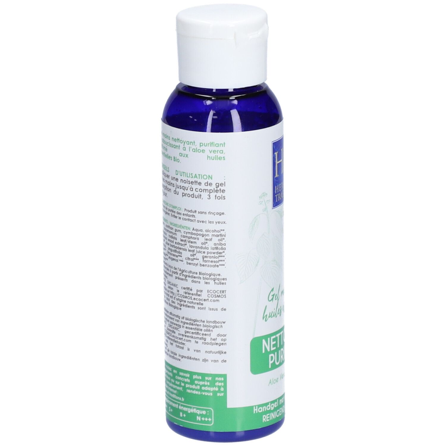 Dos du flacon bleu. Texte : Gel mains aux huiles essentielles Bio. NETTOYANT PURIFIANT. Informations d'utilisation et ingrédients.