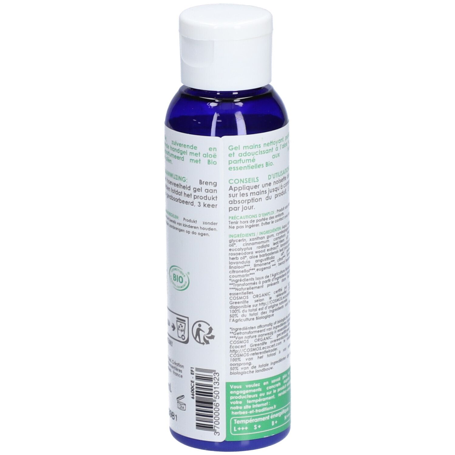 Dos du flacon bleu. Texte : Gel mains aux huiles essentielles Bio. Conseils d'utilisation. Certification Bio.