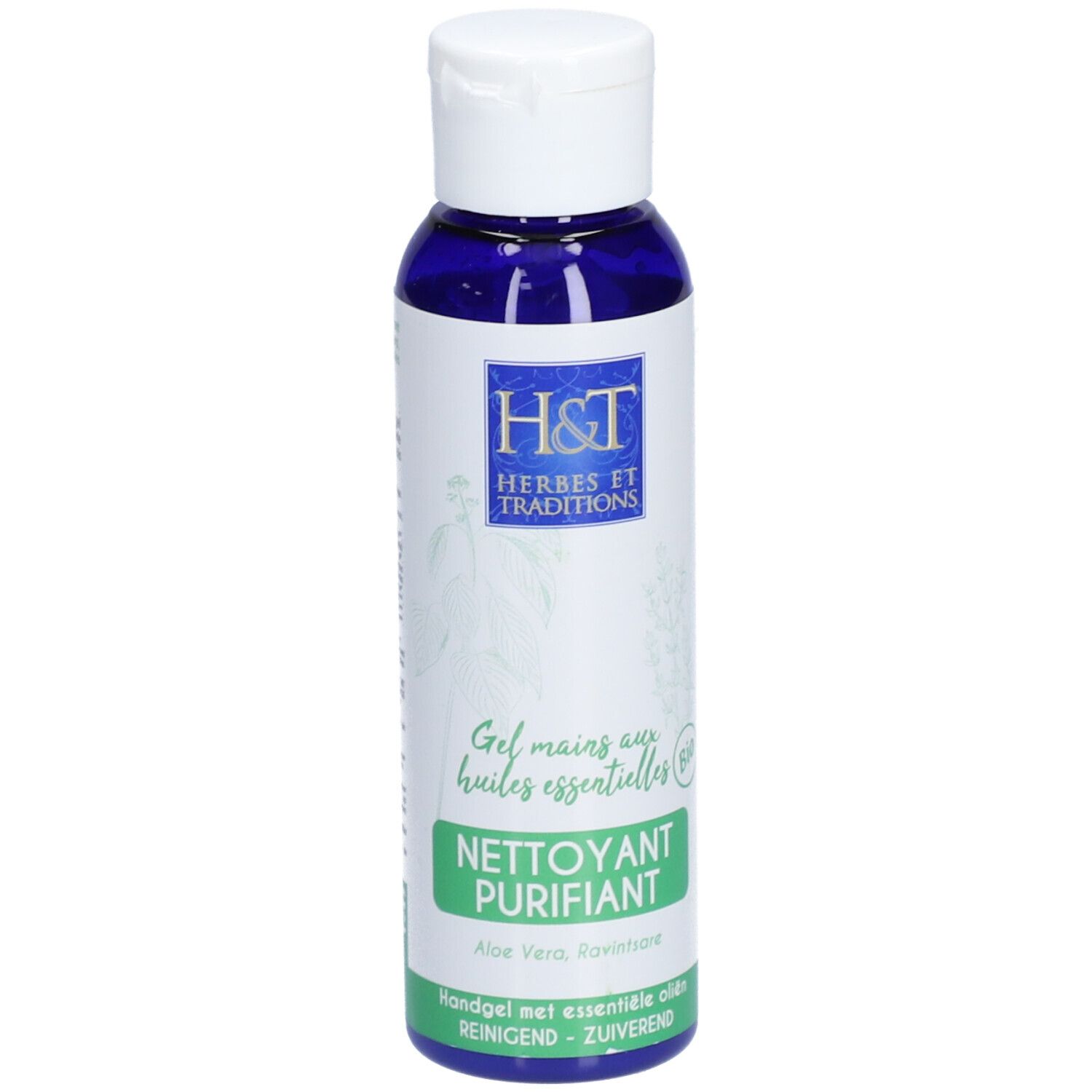 Flacon bleu avec bouchon blanc. Inscription : H&T Herbes et Traditions. Gel mains aux huiles essentielles Bio. NETTOYANT PURIFIANT.