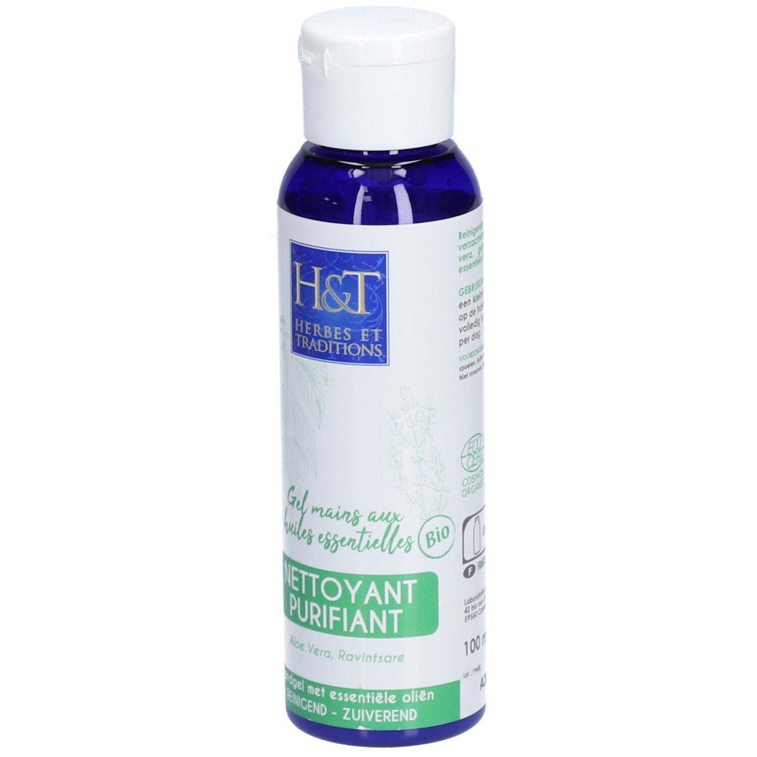 Flacon bleu avec bouchon blanc. Inscription : H&T Herbes et Traditions. Gel mains aux huiles essentielles Bio. NETTOYANT PURIFIANT. 100 ml.