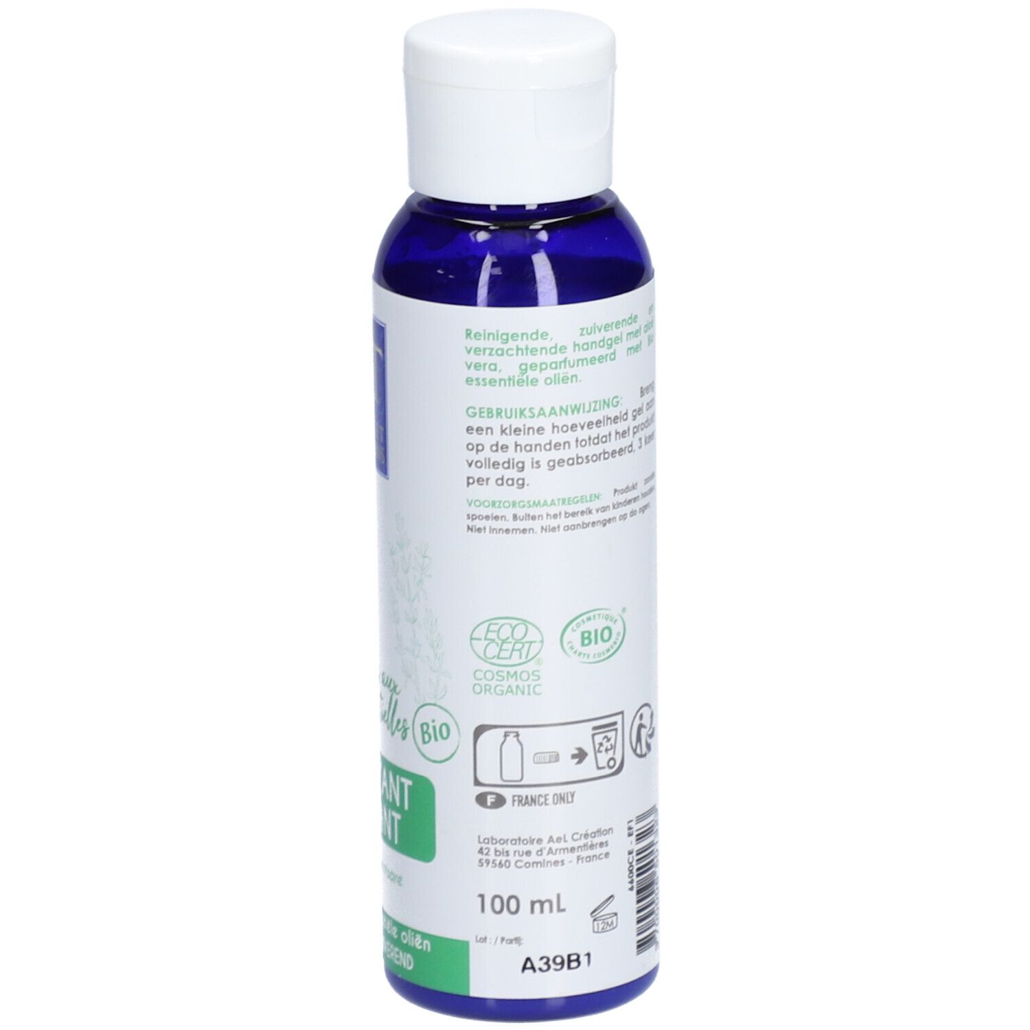 Dos du flacon bleu. Texte : Gel mains aux huiles essentielles Bio. Certification Bio. 100 ml. Informations fabricant.
