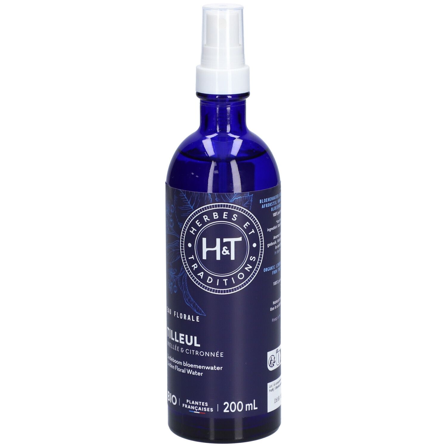 Flacon en verre bleu avec vaporisateur blanc. Étiquette avec logo, nom du produit et indication 200 ml.