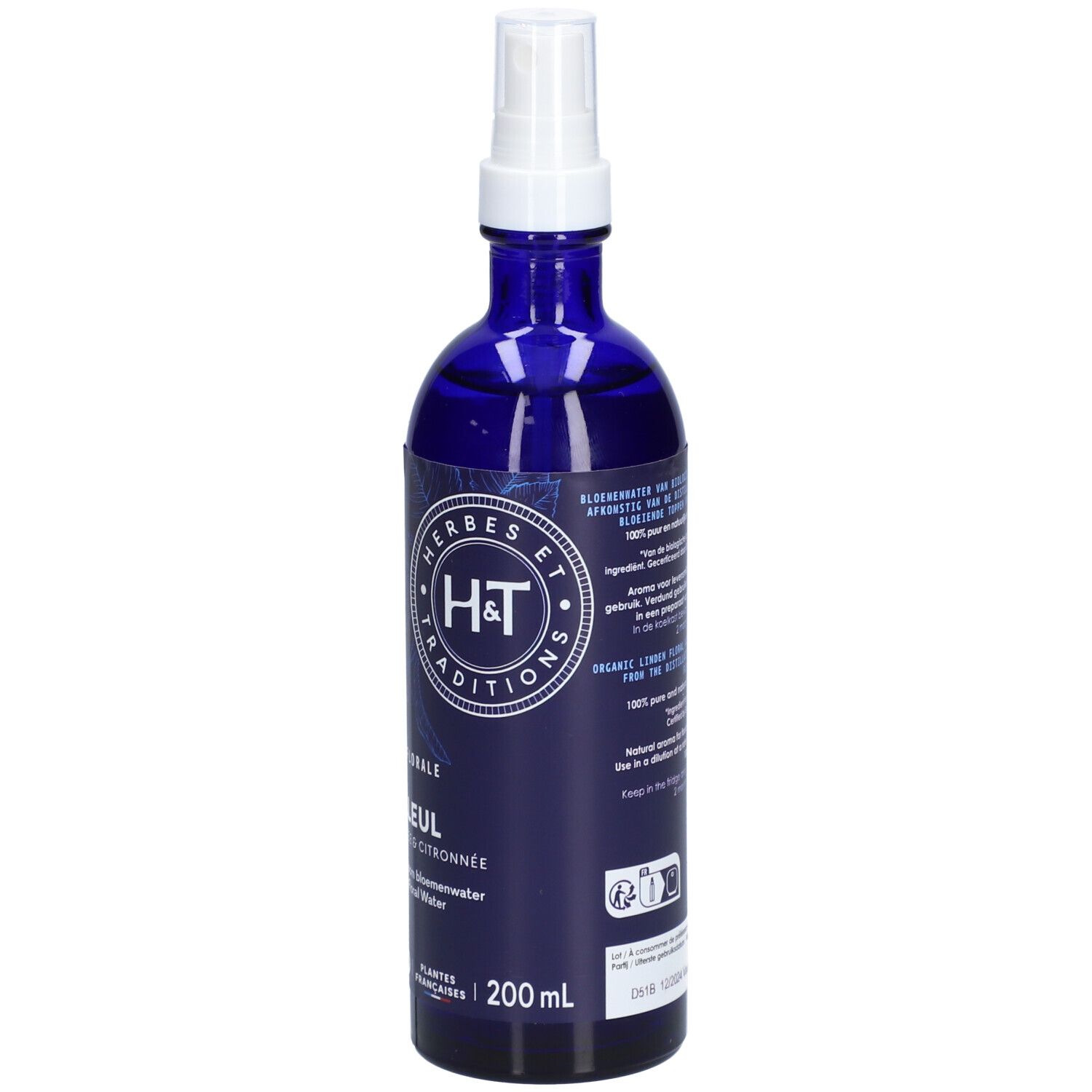 Flacon en verre bleu avec vaporisateur blanc. Étiquette avec logo, nom du produit et indication 200 ml.