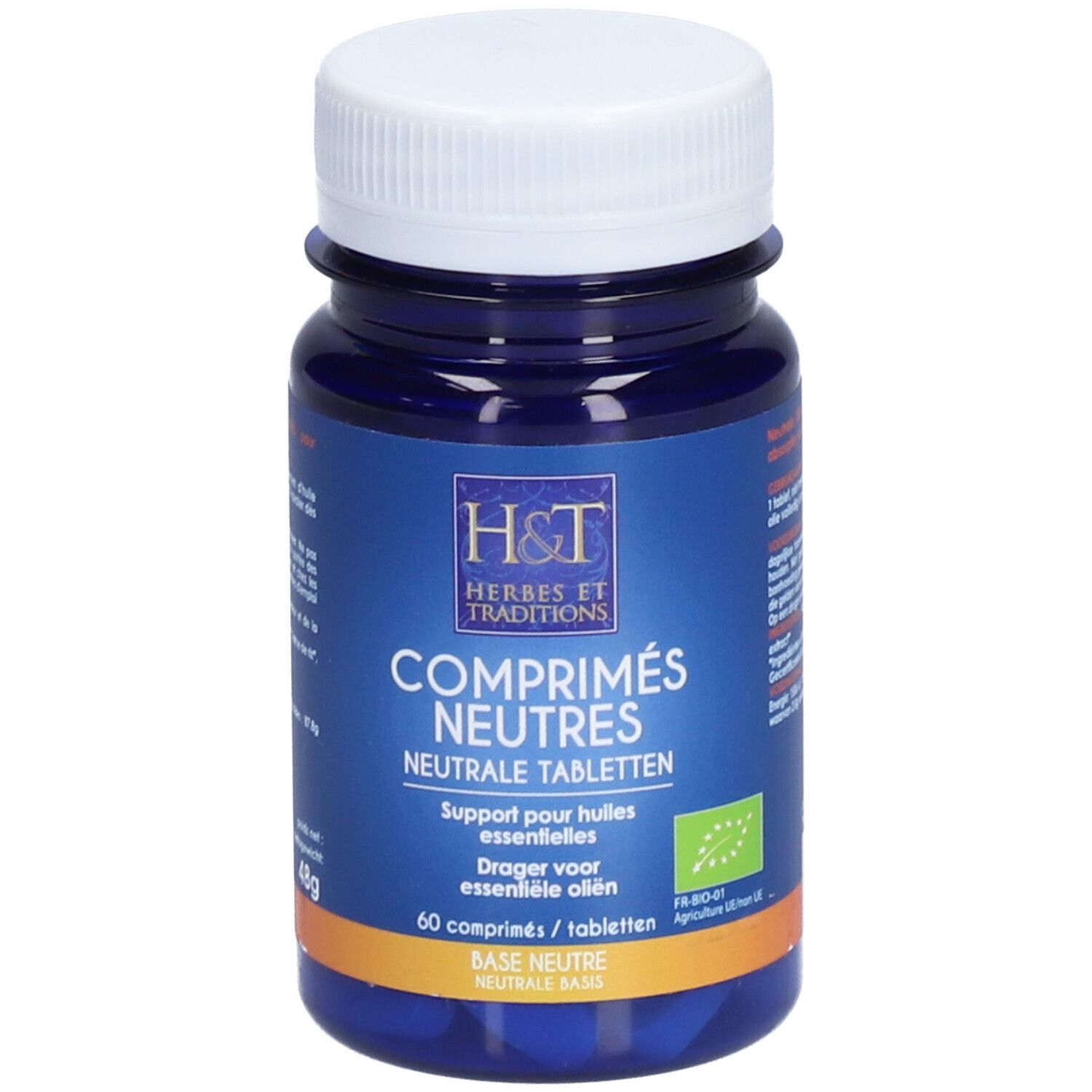 Flacon bleu de comprimés neutres. Inscription: COMPRIMÉS NEUTRES, NEUTRALE TABLETTEN. Contient 60 comprimés.