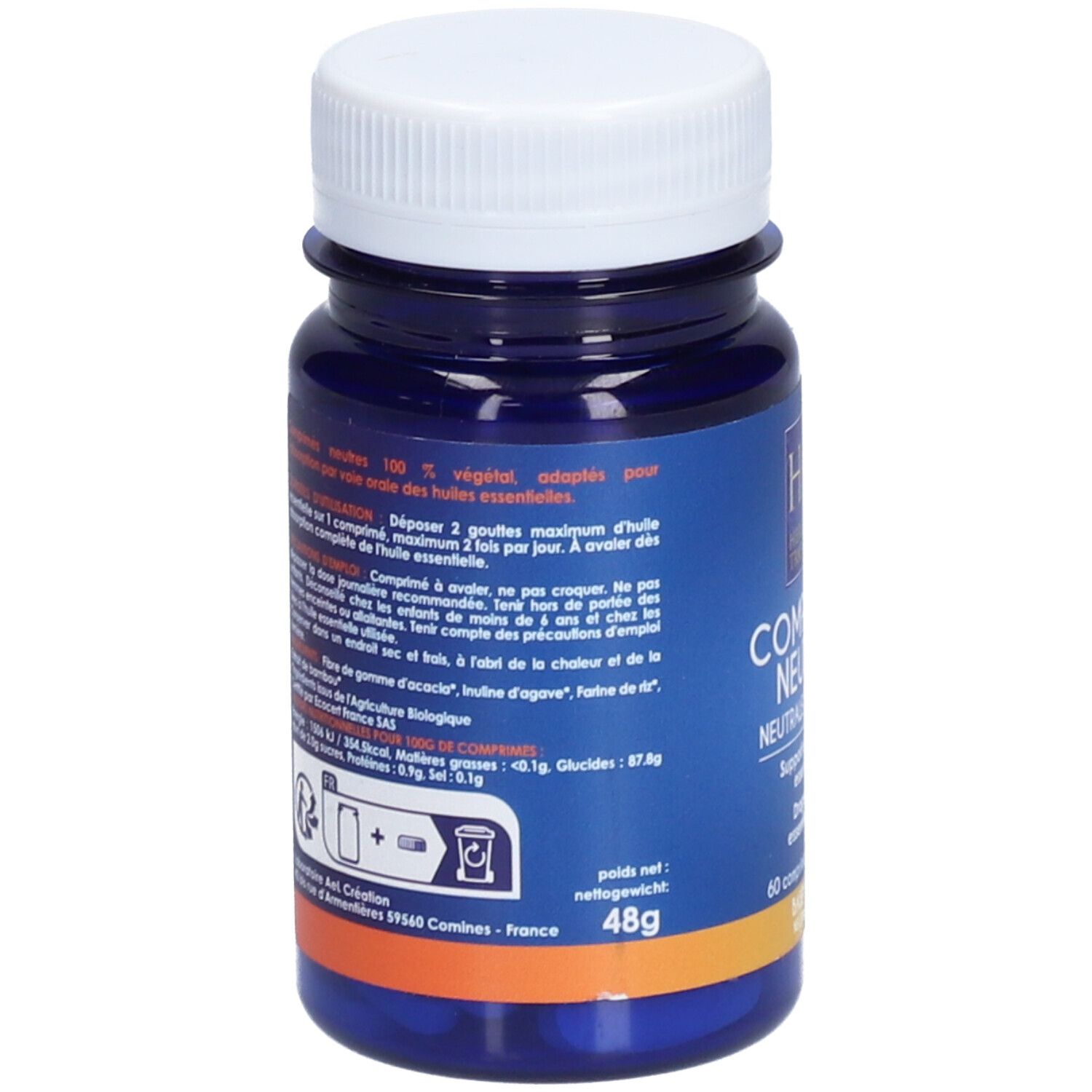 Dos du flacon. Ingrédients, poids et valeurs nutritionnelles. Label bio. Adresse du fabricant.