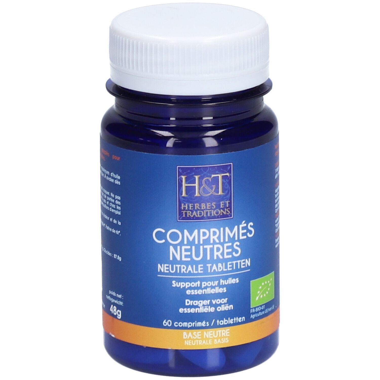 Flacon bleu de comprimés neutres. Inscription: COMPRIMÉS NEUTRES, NEUTRALE TABLETTEN. Contient 60 comprimés.