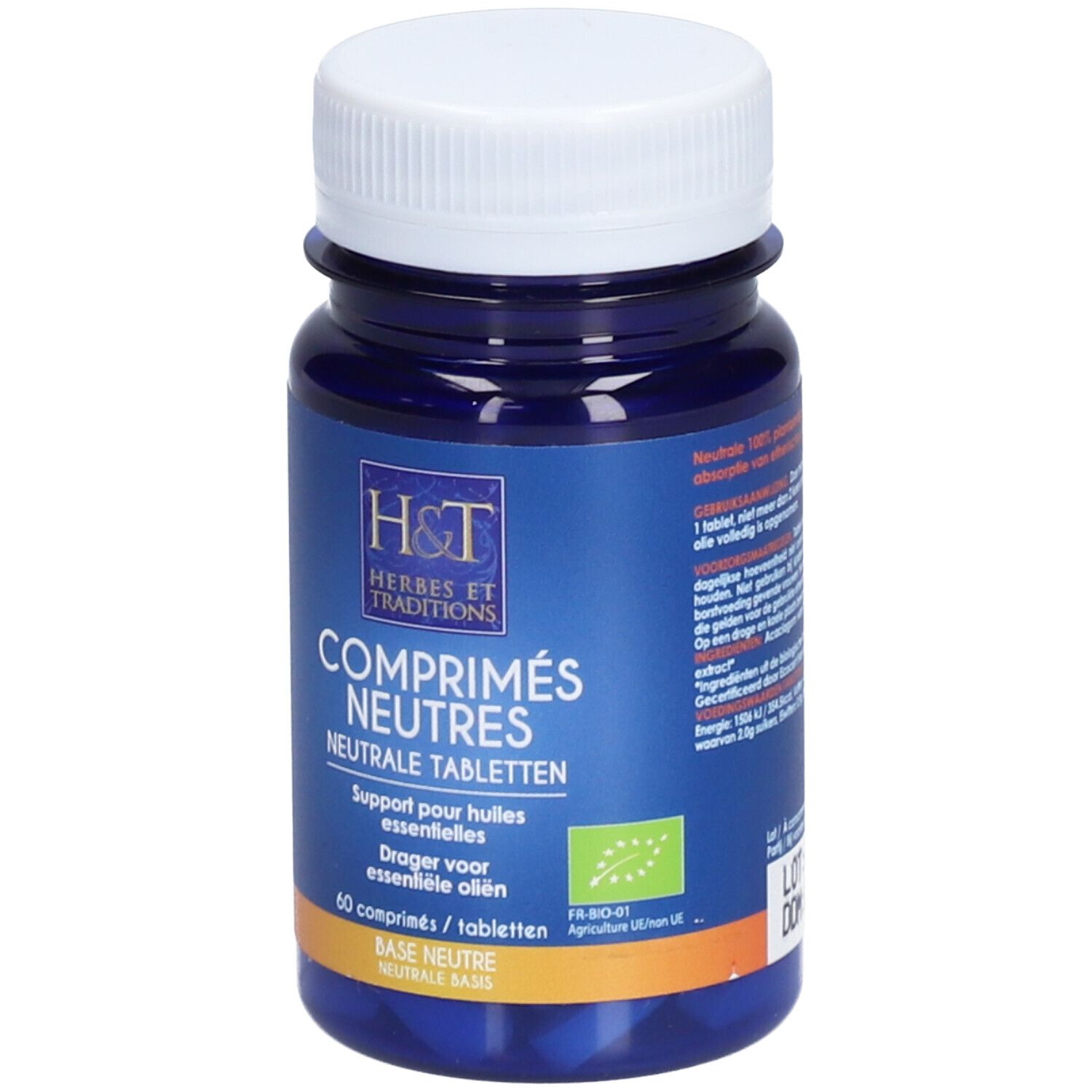 Flacon bleu de comprimés neutres. Inscription: COMPRIMÉS NEUTRES, NEUTRALE TABLETTEN. Contient 60 comprimés.