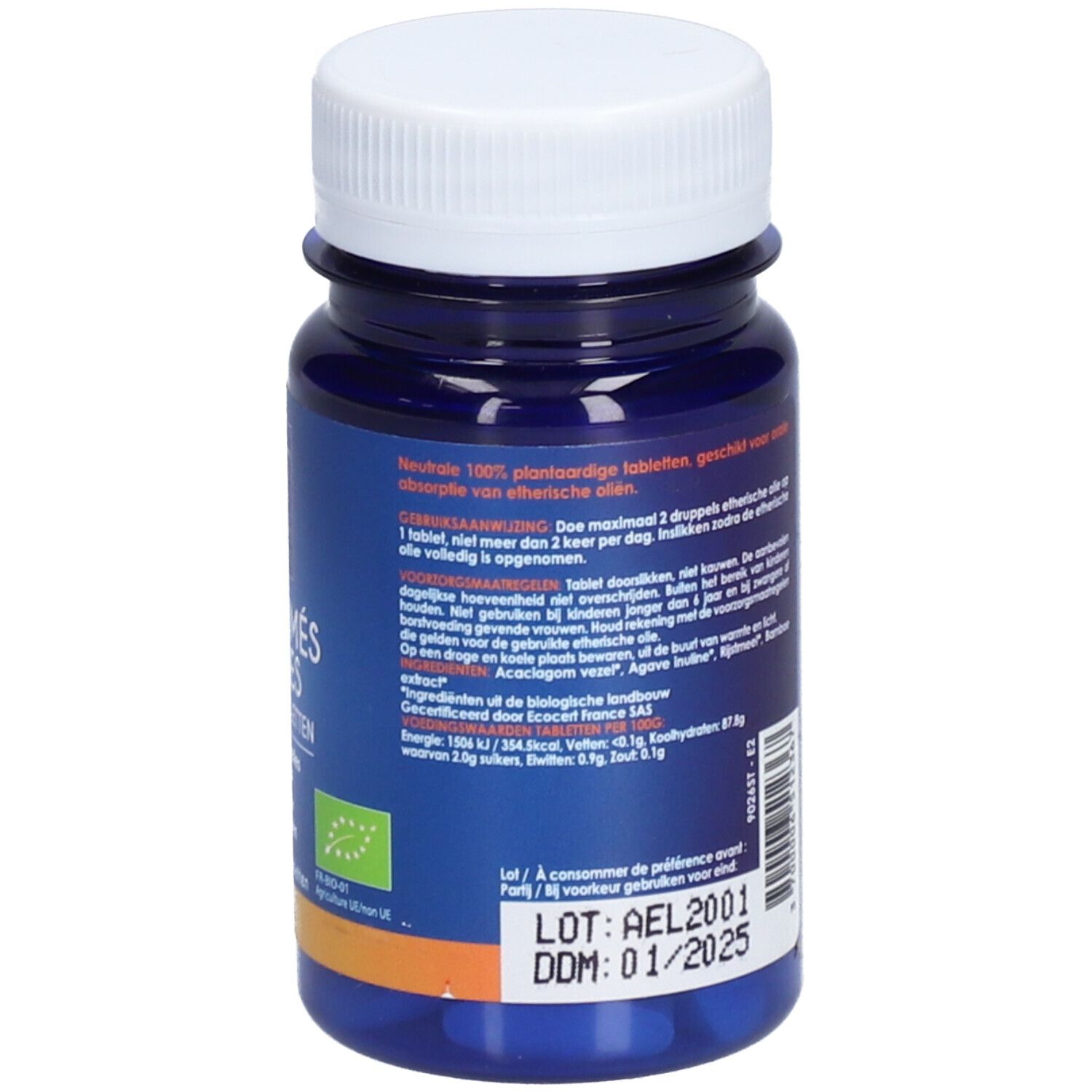 Dos du flacon. Ingrédients, poids et valeurs nutritionnelles. Label bio. Date de péremption.