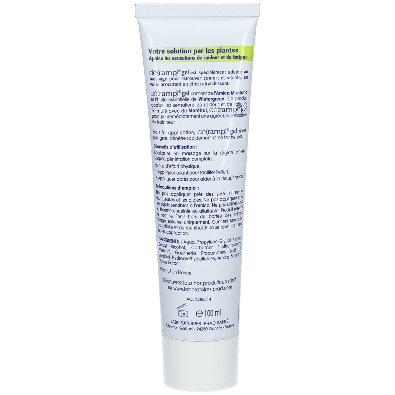 Rückseite der Tube déramp® Gel. Text in französischer Sprache. Enthält Informationen zur Anwendung und Inhaltsstoffe. Weißer Hintergrund.