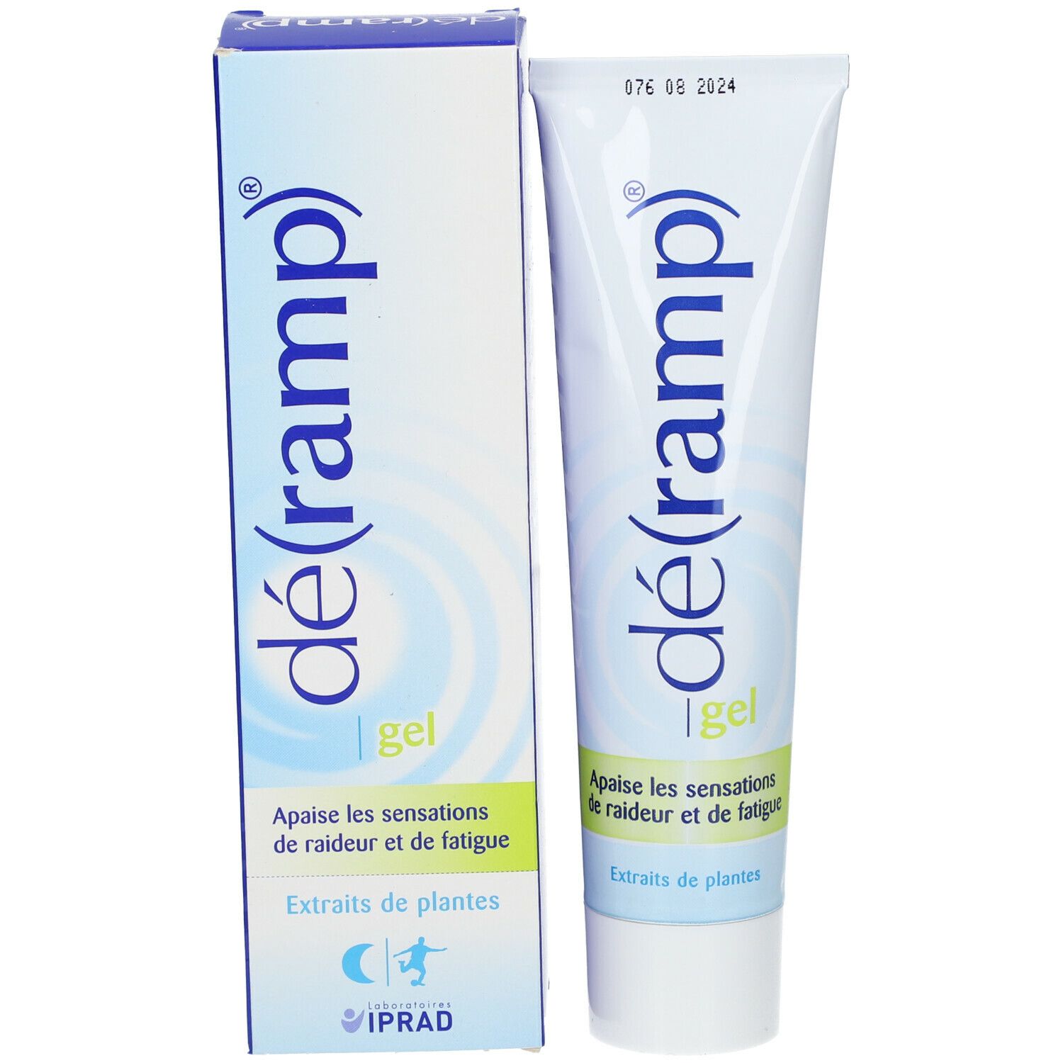 déramp® Gel Tube und Schachtel. Tube und Schachtel nebeneinander. Aufschrift: déramp® gel, Extrait de plantes. Nacht- und Sport-Symbol.