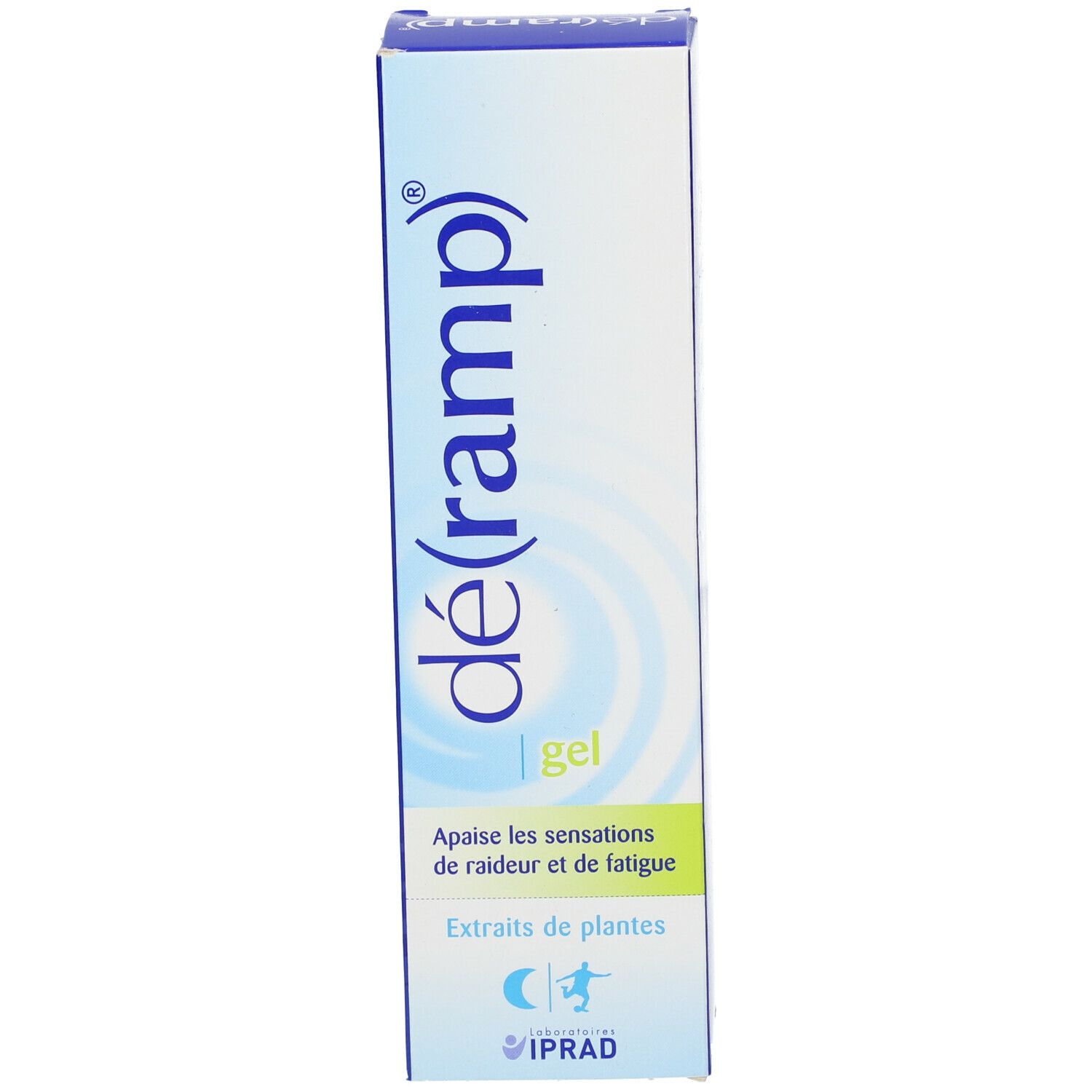 Schachtel déramp® Gel. Blaue Schachtel mit weißer Aufschrift: déramp® gel. Aufschrift: Extrait de plantes. Nacht- und Sport-Symbol.