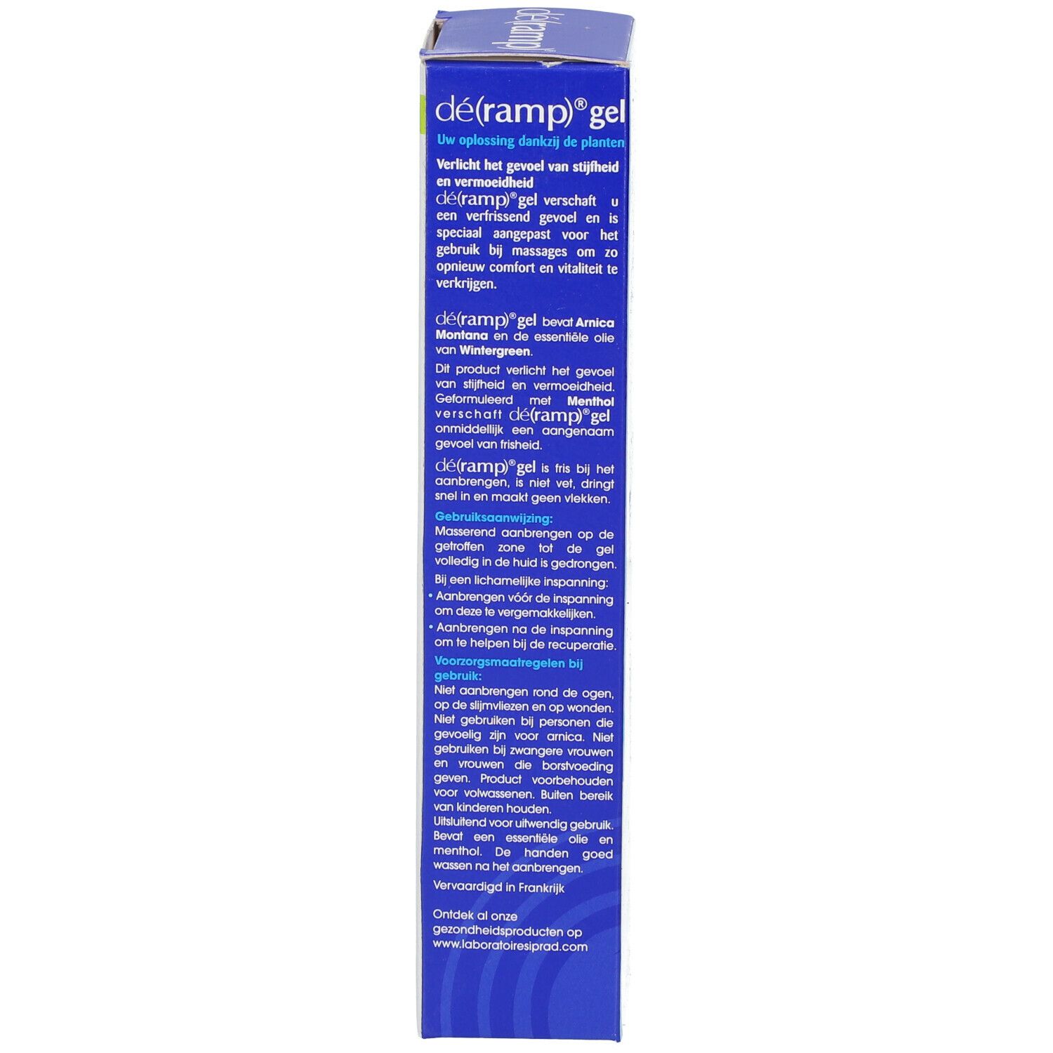Rückseite der Schachtel déramp® Gel. Text in niederländischer Sprache. Enthält Informationen zur Anwendung. Blauer Hintergrund.