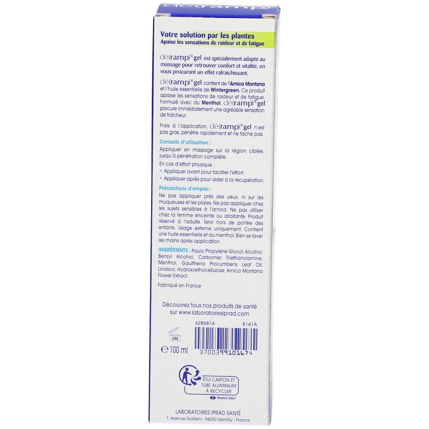 Rückseite der Schachtel déramp® Gel. Text in französischer Sprache. Enthält Informationen zur Anwendung und Inhaltsstoffe. Weißer Hintergrund.