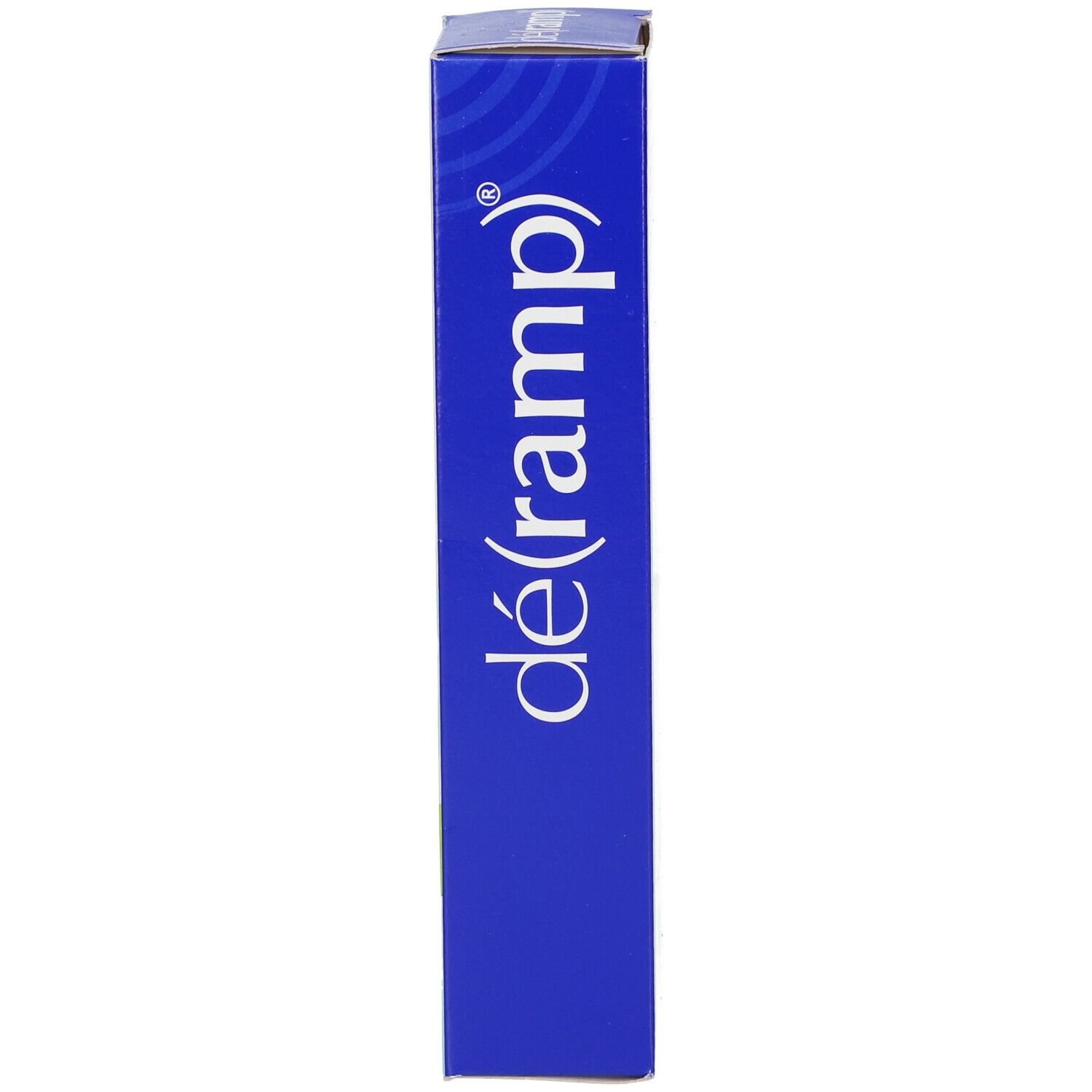 Schachtel déramp® Gel. Blaue Schachtel mit weißer Aufschrift déramp®. Abgerundete Ecken. Logo oben.