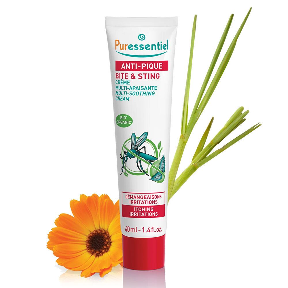Creme-Tube mit Aufschrift: Anti-Pique, Multi-Aspirierende Creme gegen Zecken. Bio-Zertifizierung. Mit Blume.