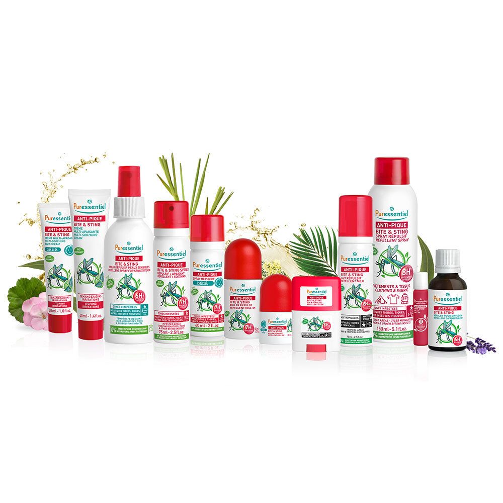 Verschiedene Produkte. Aufschrift: Anti-Pique, Multi-Aspirierende Creme gegen Zecken. Bio-Zertifizierung.