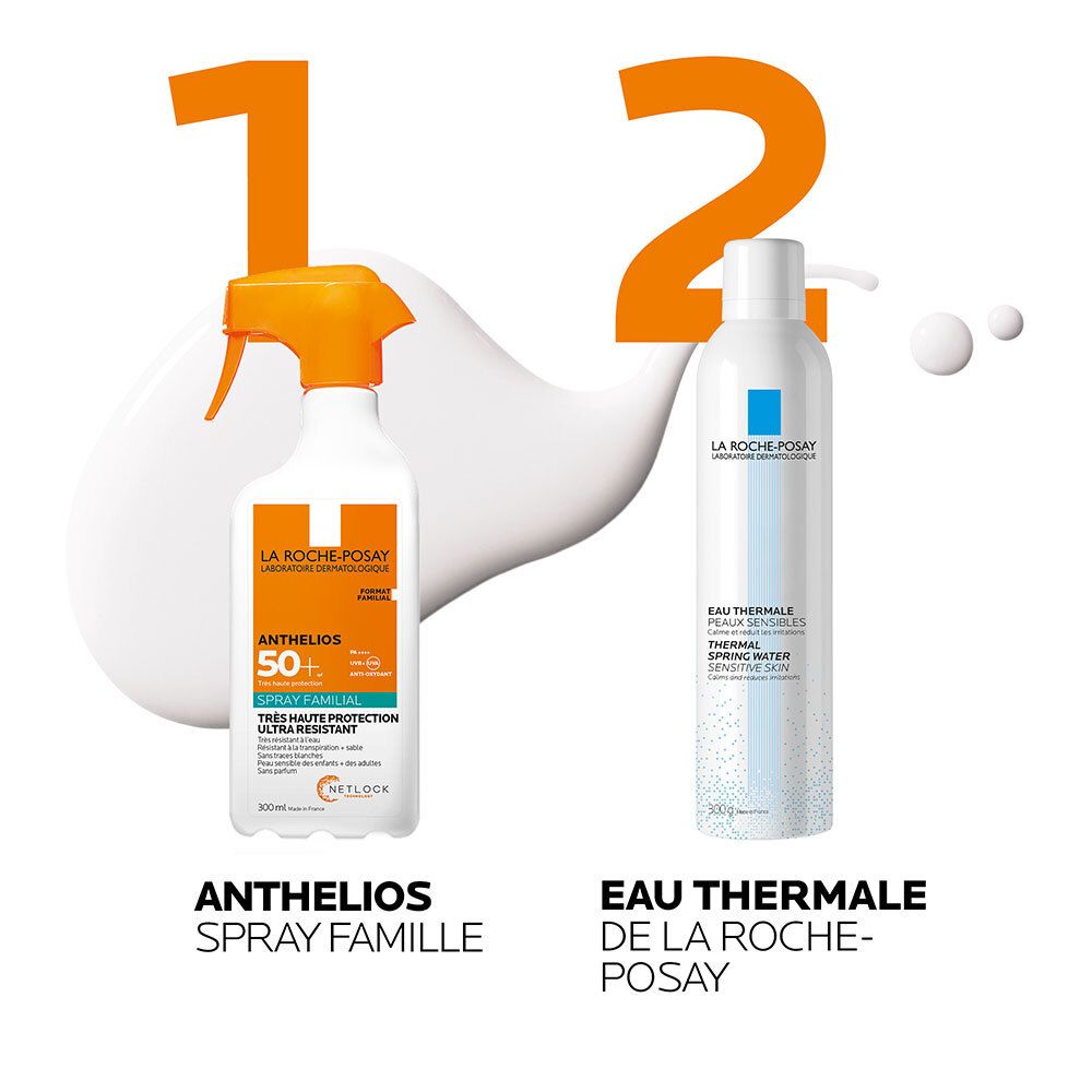 Deux produits côte à côte: ANTHELIOS Spray et Eau Thermale. Tous deux avec des têtes de pulvérisation.