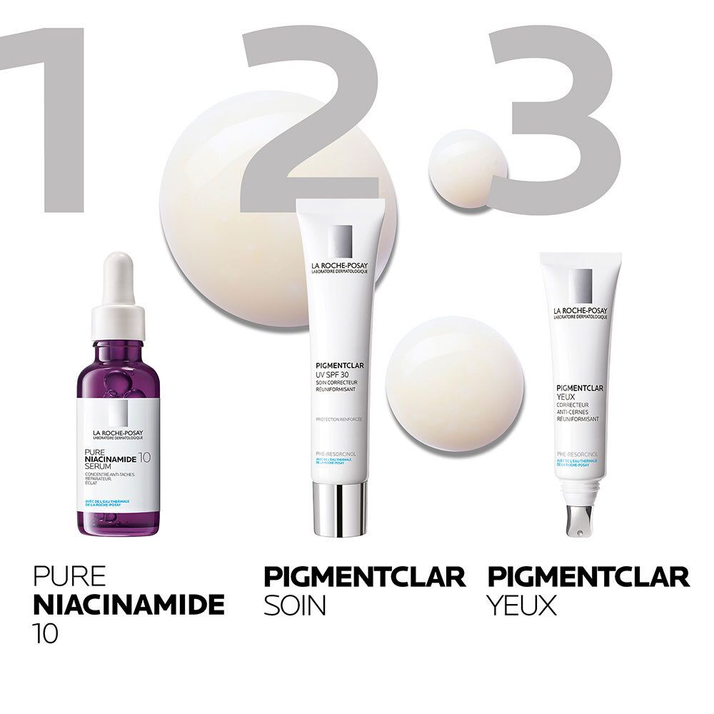 Trois produits côte à côte: Pure Niacinamide 10, Pigmentclar Soin et Pigmentclar Yeux. Fonds blancs.