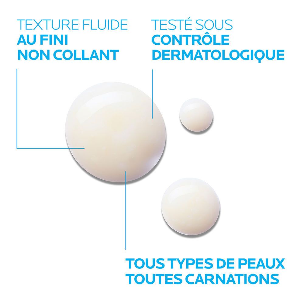 Trois gouttes de liquide avec texte: Texture fluide au fini non collant, Testé sous contrôle dermatologique.