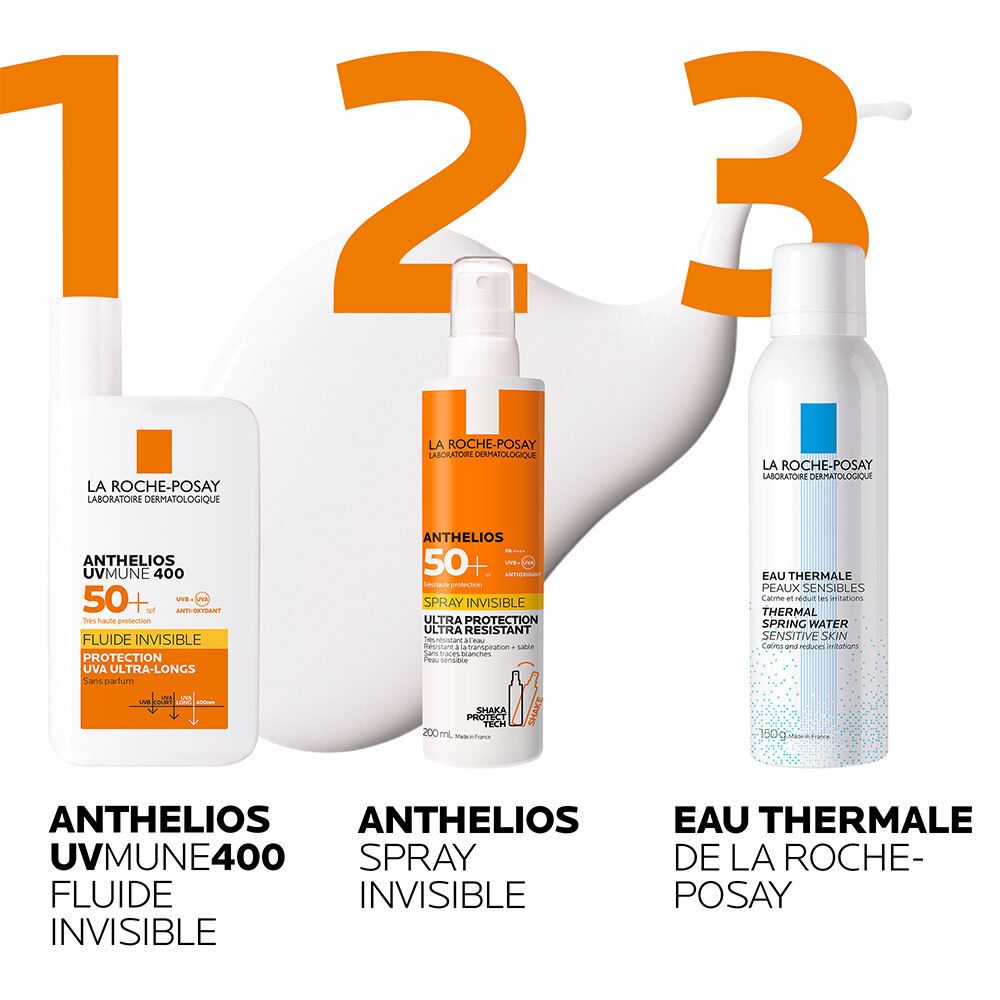 Trois produits côte à côte. Anthelios UVMUNE 400, Spray Invisible, Eau Thermale de La Roche-Posay. Chiffres 1, 2, 3.