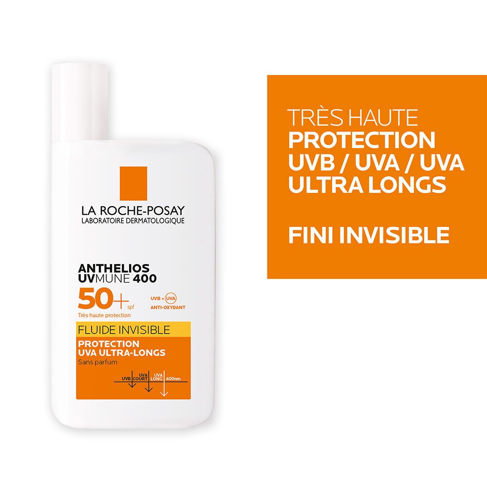 Flacon de produit avec texte sur fond orange : Très haute protection UVB/UVA/UVA ultra longs. Fini invisible.