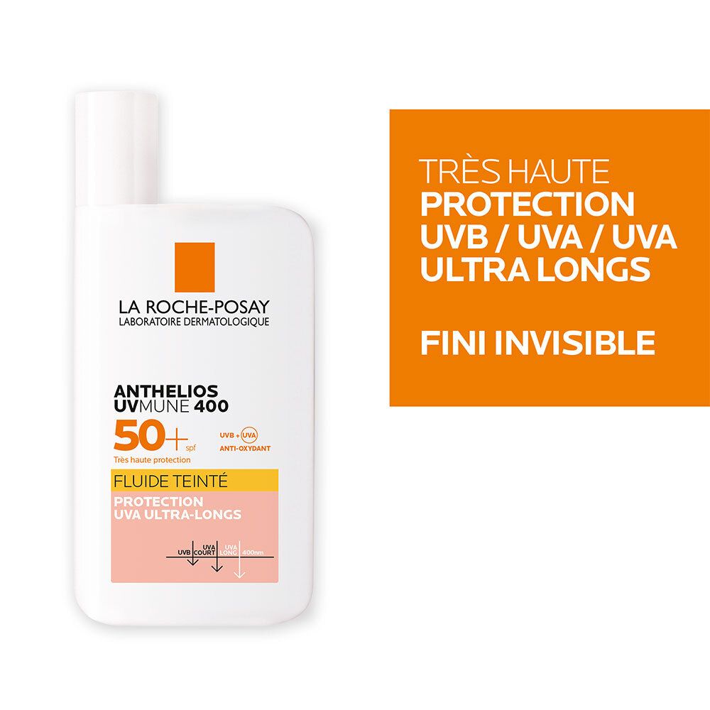La Roche-Posay ANTHELIOS UVMUNE 400. Texte avec informations sur la protection et le fini invisible.