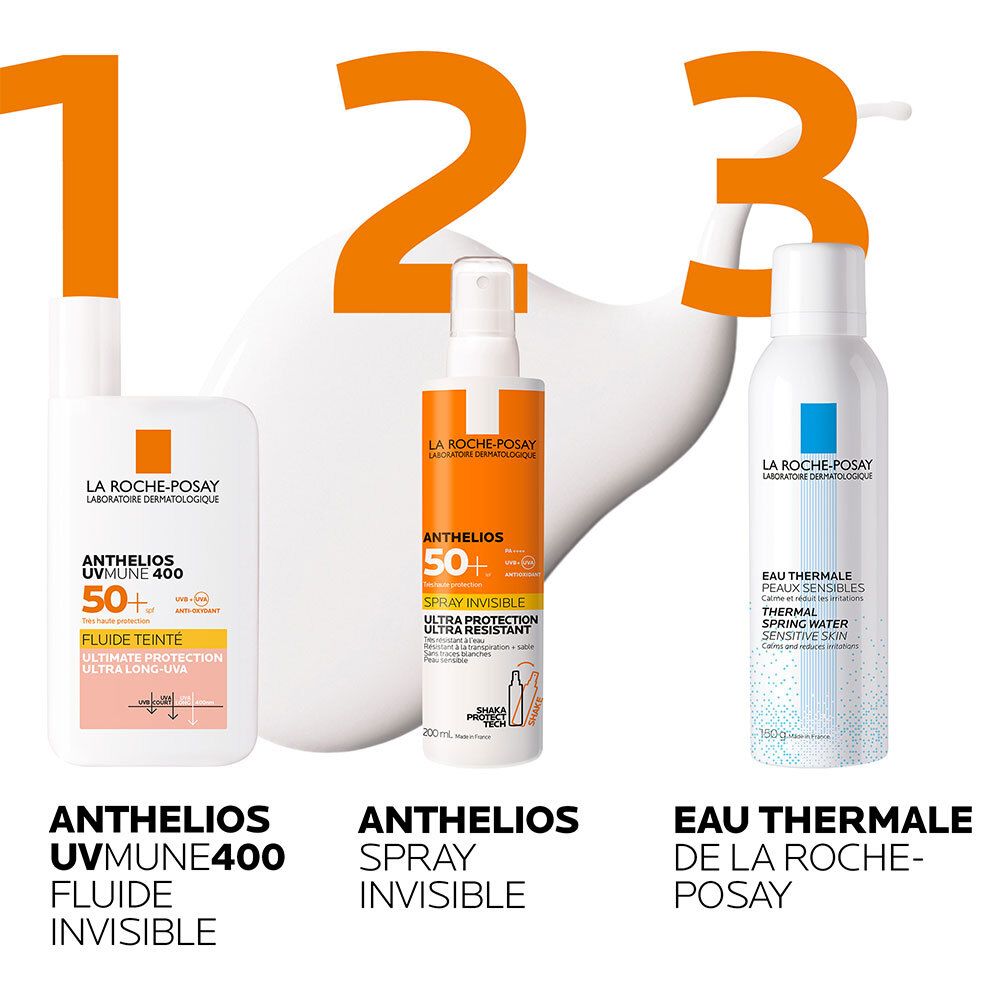 Trois produits La Roche-Posay: ANTHELIOS UVMUNE 400, Spray Invisible et Eau Thermale.