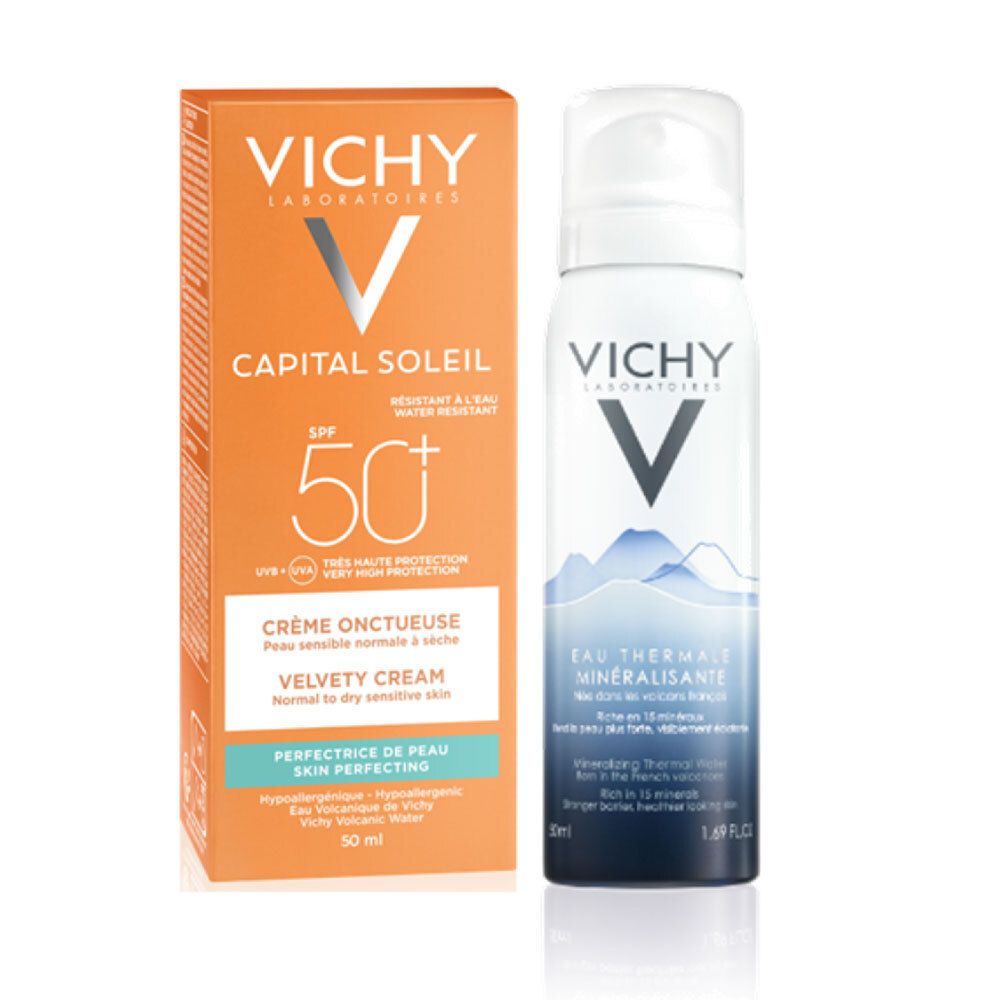 Vichy Capital Soleil Crème et Eau Thermale Minéralisante. Emballage orange, flacon spray blanc.