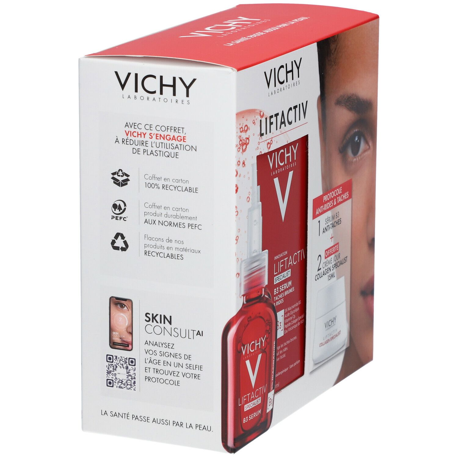 Emballage Vichy Liftactiv. Montre sérum et crème. Inscriptions: Vichy, Liftactiv, B3 Sérum. Emballage avec symboles de recyclage.