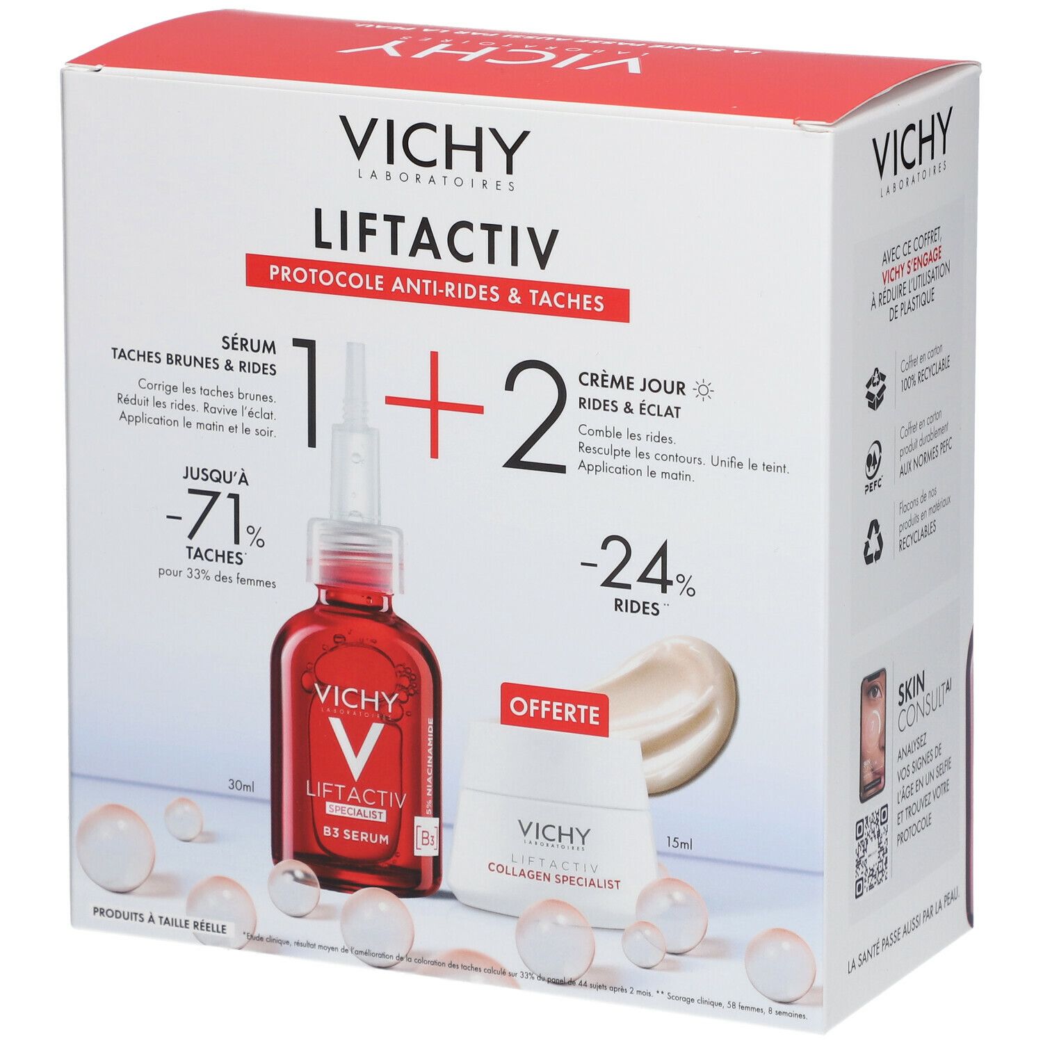 Coffret Vichy Liftactiv avec sérum et crème. Inscriptions: Vichy, Liftactiv, B3 Sérum, Crème Jour. Perles devant le coffret.