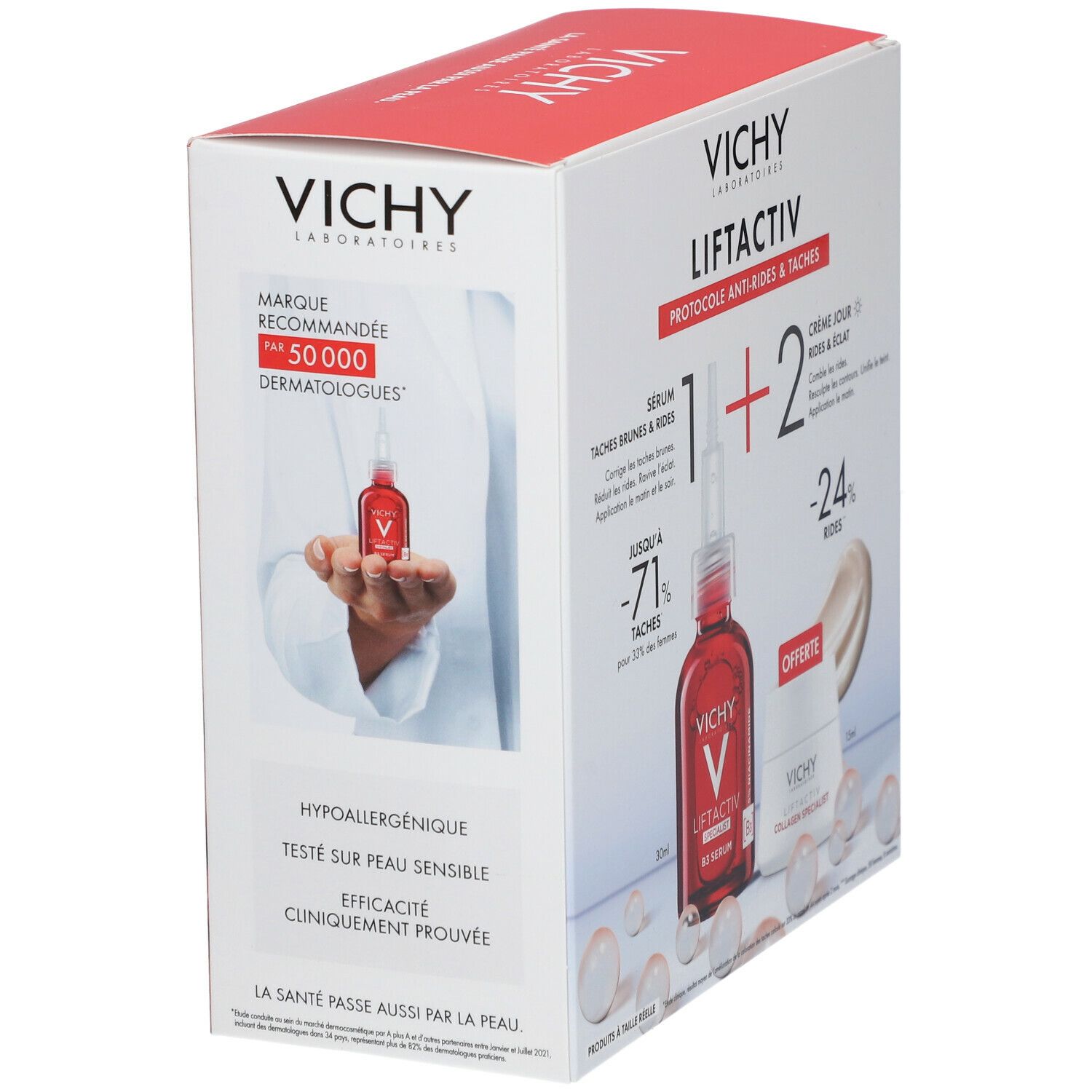Emballage Vichy Liftactiv. Contient sérum et crème. Inscriptions: Vichy, Liftactiv, B3 Sérum. Texte: Hypoallergénique, prouvé cliniquement.