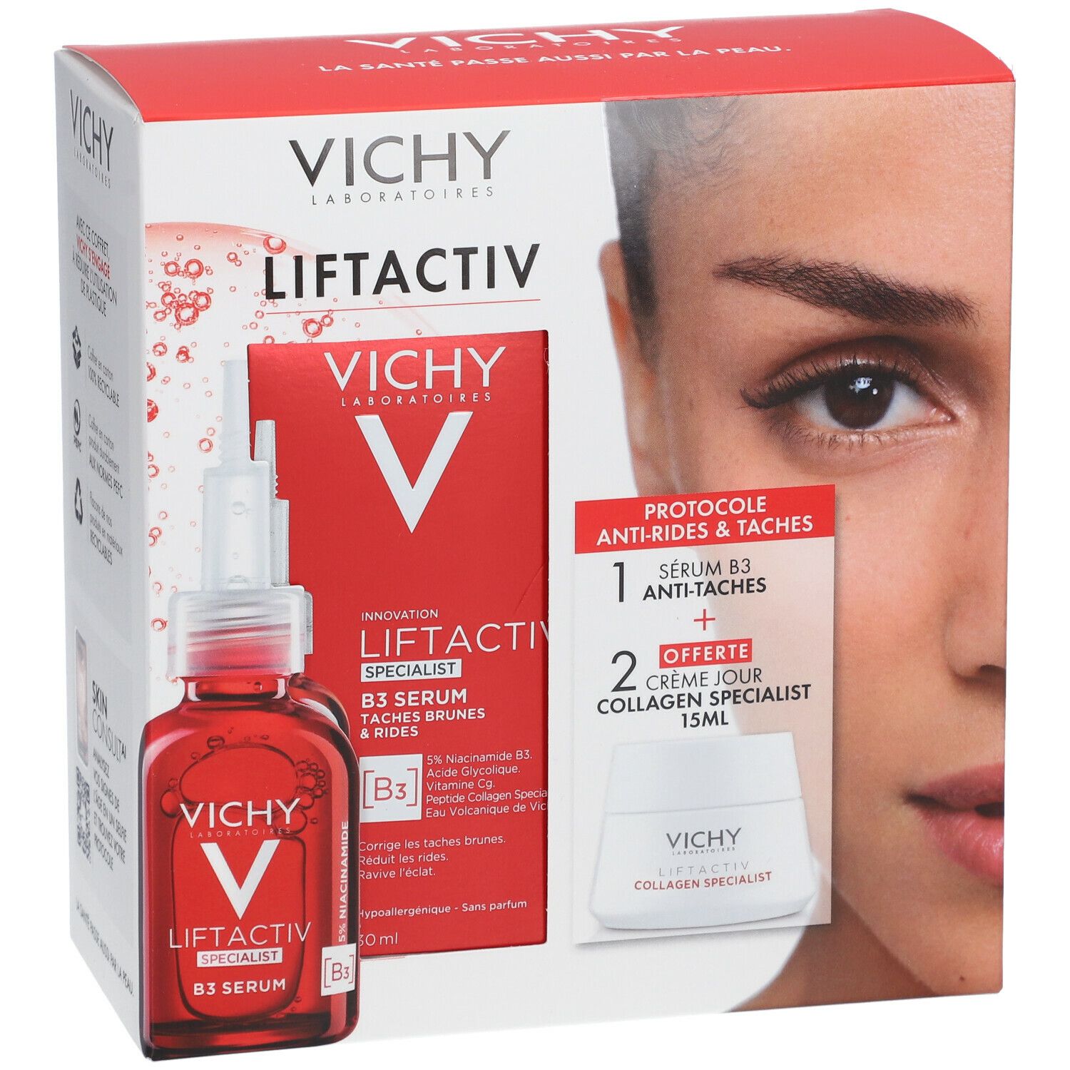 Coffret Vichy Liftactiv avec sérum et crème. Inscriptions: Vichy, Liftactiv, B3 Sérum, Crème Jour. Image d'une femme.