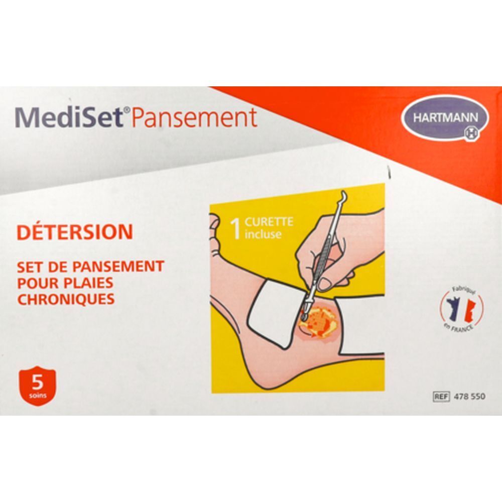 MediSet® Pansement de Hartmann. Set de pansement pour plaies chroniques. Contient 5 soins. Illustration d'un pied avec plaie et instrument.