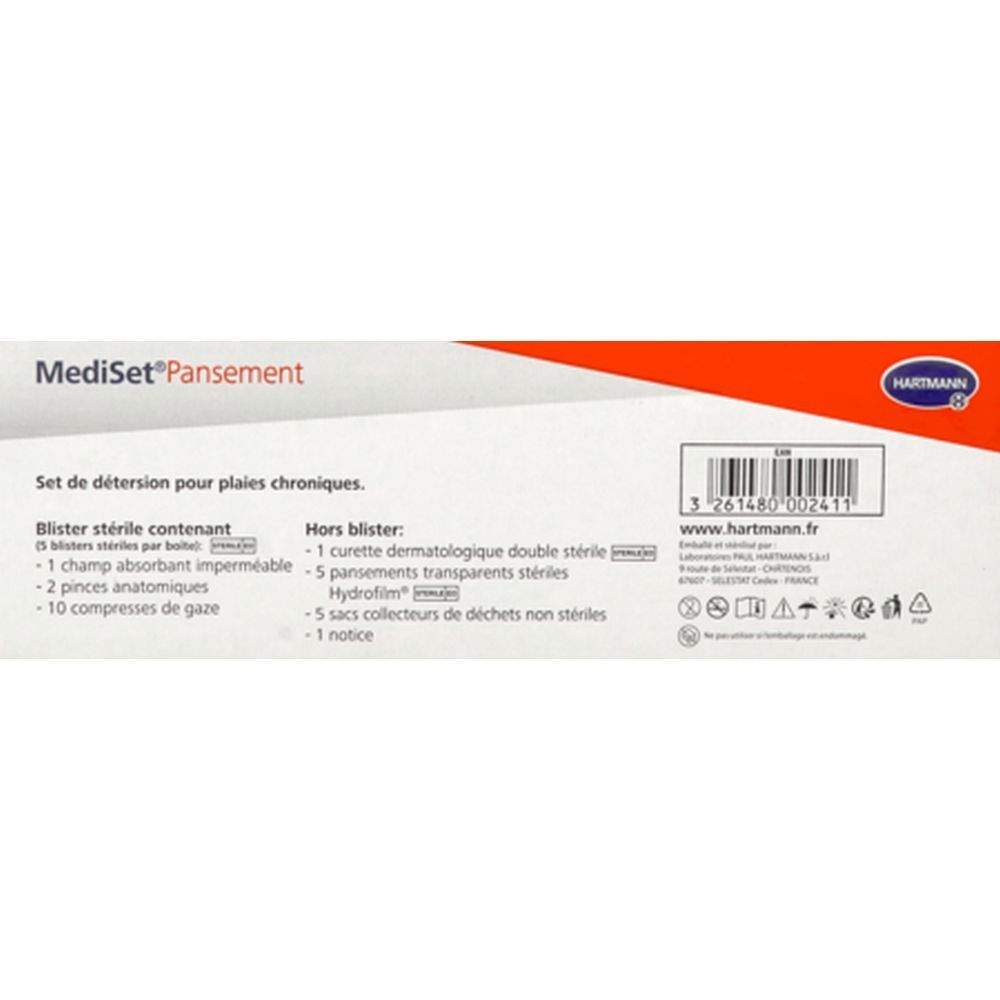 Hartmann MediSet® Pansement. Liste des ingrédients et informations sur l'emballage. Contient blisters stériles et accessoires.