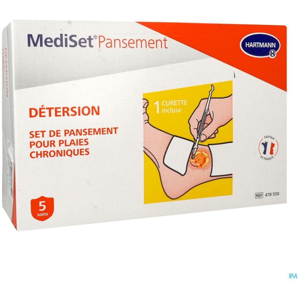MediSet® Pansement de Hartmann. Set de pansement pour plaies chroniques. Contient 5 soins. Illustration d'un pied avec plaie et instrument.