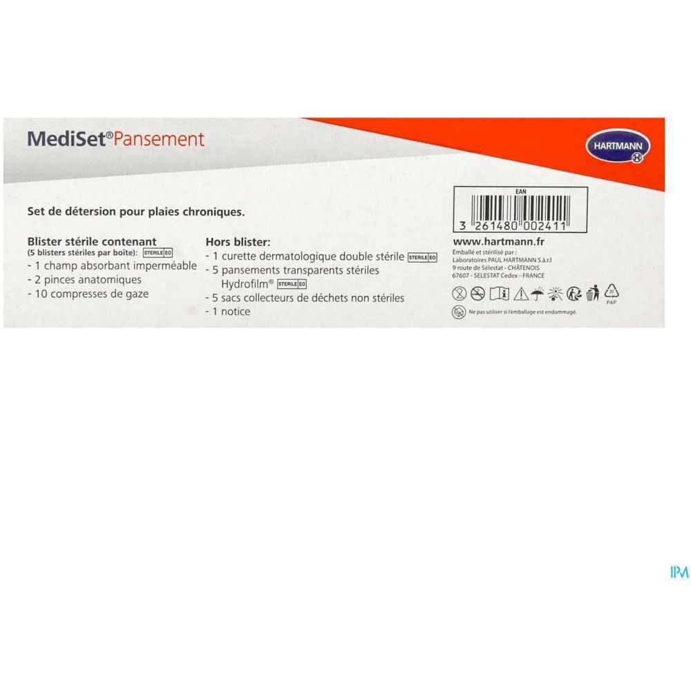 Hartmann MediSet® Pansement. Liste des ingrédients et informations sur l'emballage. Contient blisters stériles et accessoires.