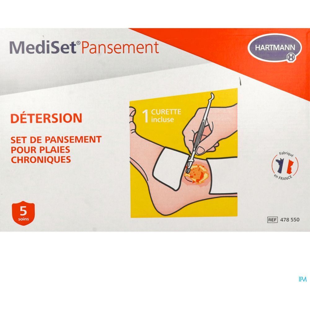 MediSet® Pansement de Hartmann. Set de pansement pour plaies chroniques. Contient 5 soins. Illustration d'un pied avec plaie et instrument.
