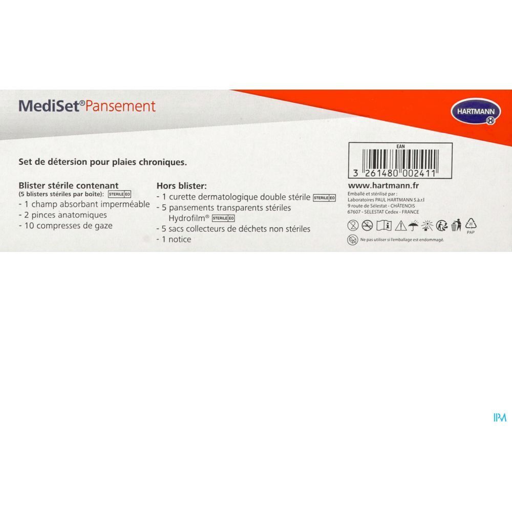 Hartmann MediSet® Pansement. Liste des ingrédients et informations sur l'emballage. Contient blisters stériles et accessoires.