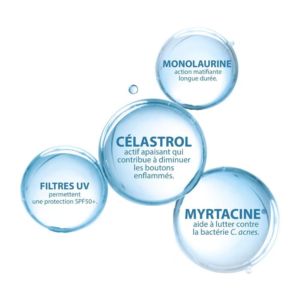 Graphique avec quatre cercles. Contient des informations sur les ingrédients: Monolaurine, Célastrol, filtres UV, Myrtacine.