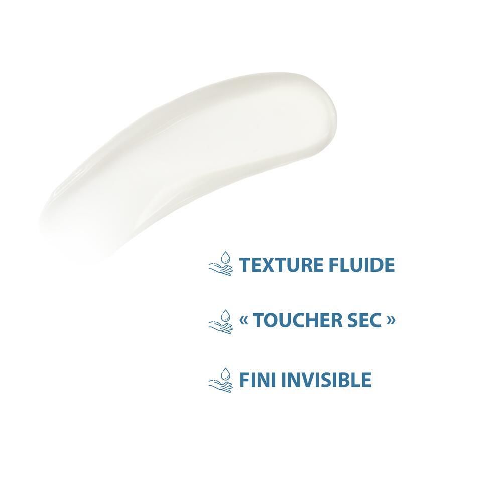 Échantillon de produit. Texture fluide, toucher sec, fini invisible. Trois symboles de goutte.