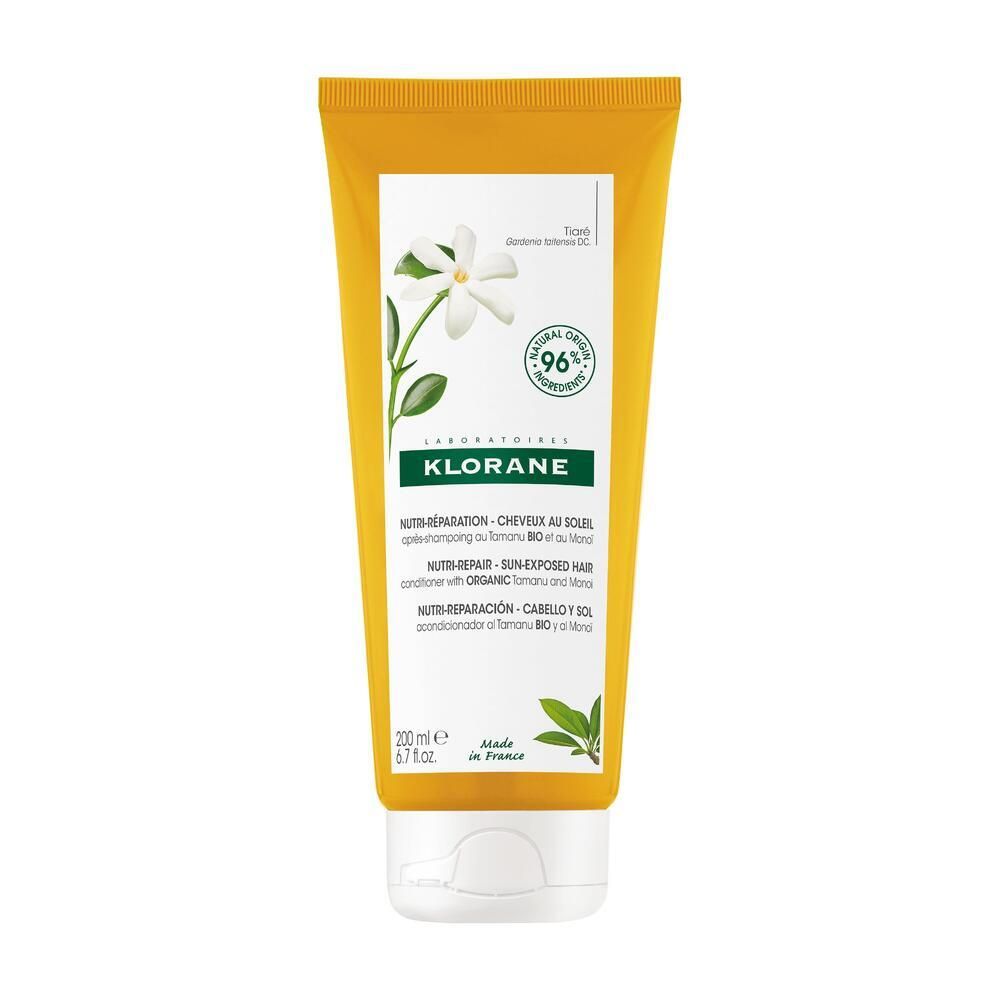 Tube jaune avec bouchon blanc. Inscription: Klorane, Nutri-Réparation, 96% ingrédients naturels. 200 ml.