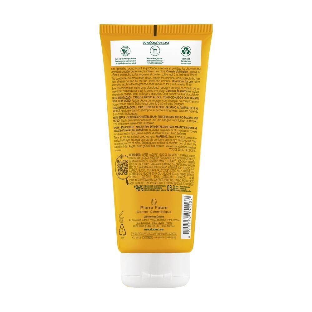 Dos d'un tube jaune avec bouchon blanc. Texte multilingue. Logos de recyclage et naturel.
