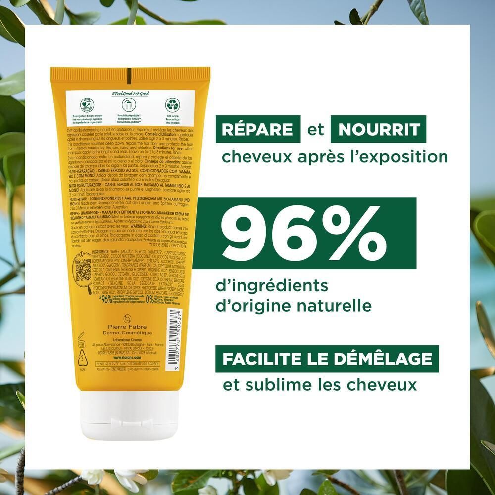 Dos d'un tube jaune. Texte: Répare et nourrit les cheveux après l'exposition. 96% ingrédients naturels.